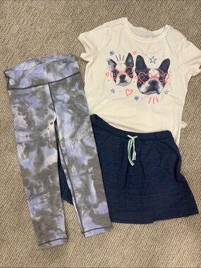 Girls 3-Piece Set Graphic Tee with Navy Skort and Blue Tie-Dye Leggings (L)
